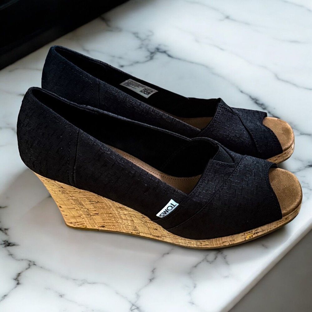 Toms Black Espadrille Wedges with Peep-Toe
